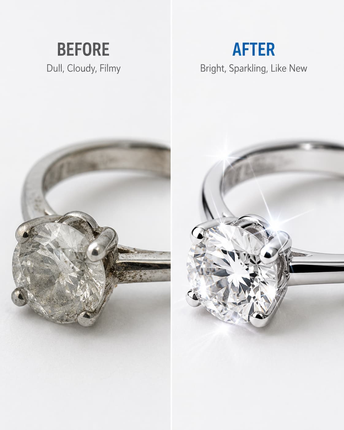 Before and after comparison of a diamond ring: dull and cloudy before, bright and sparkling after using the Aurelle Sparkle Bath