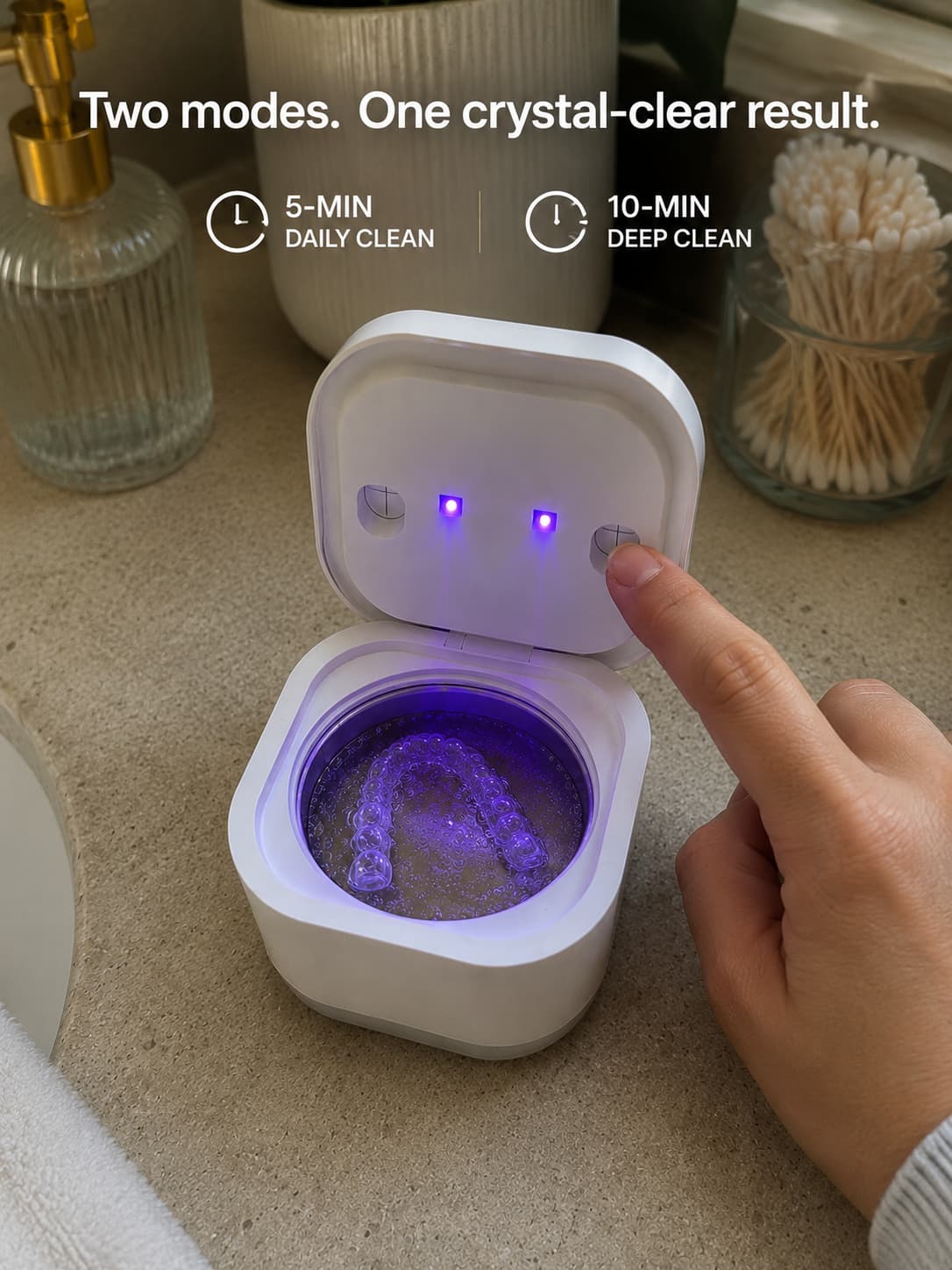 Dental retainer being cleaned in the Aurelle ultrasonic cleaner with water