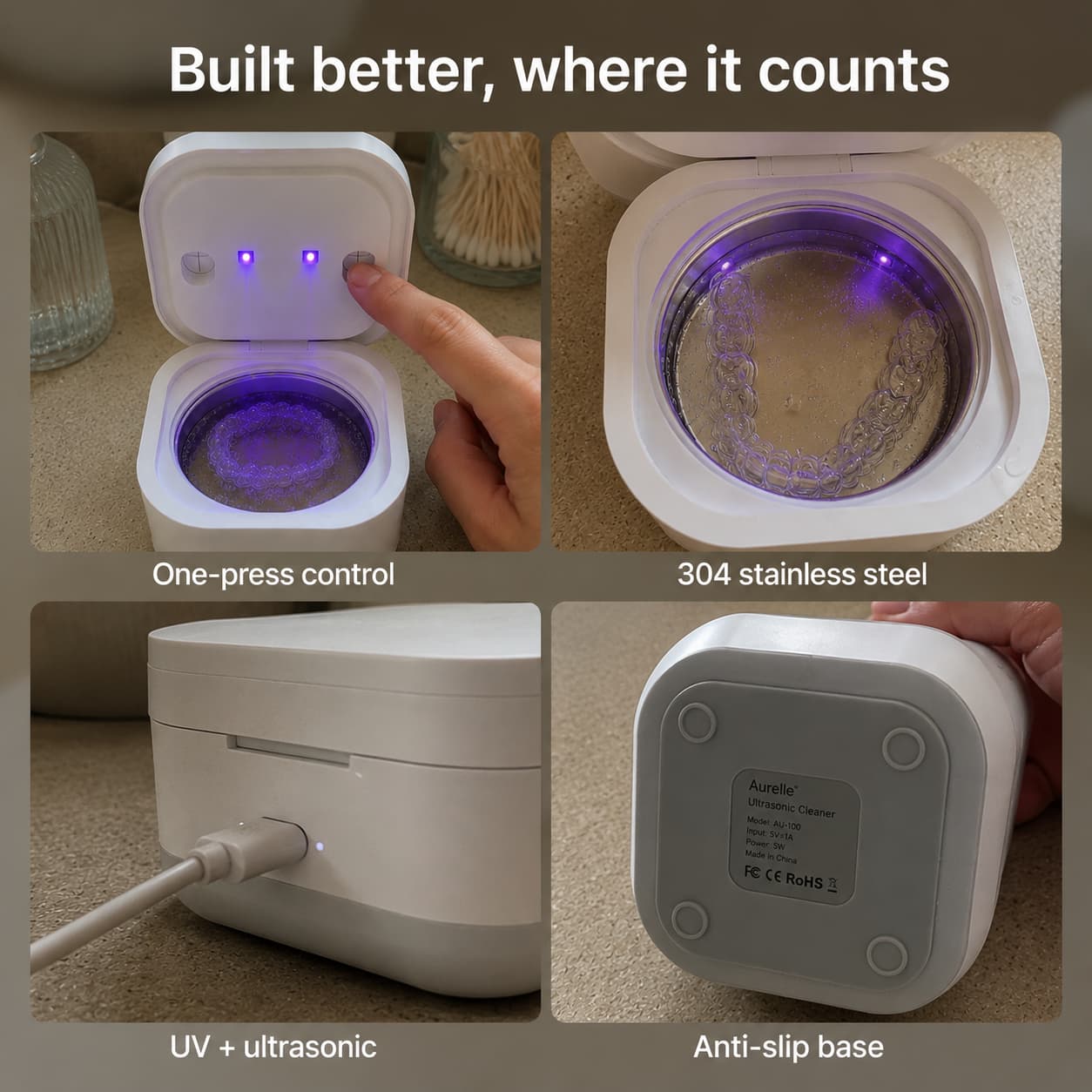 Clear aligner placed inside the Aurelle ultrasonic cleaner
