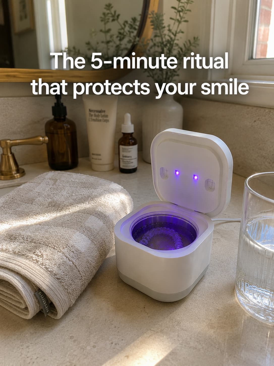 Aurelle ultrasonic cleaner cleaning a night guard with just water